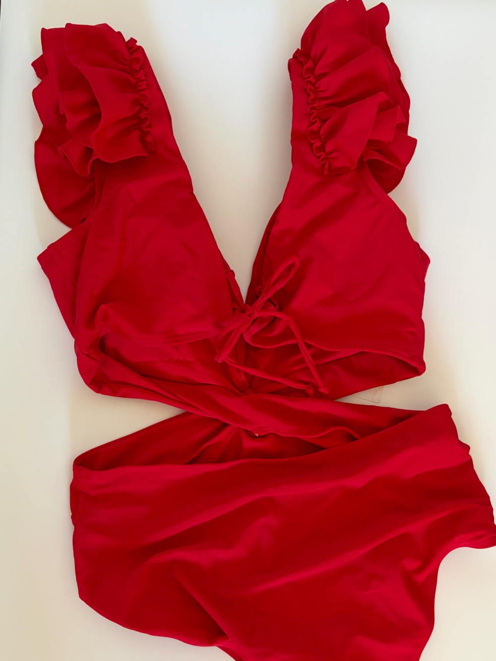 Red Ruffle Shoulder Cutout One-Piece Swimsuit NEW Medium - Picture 9 of 10